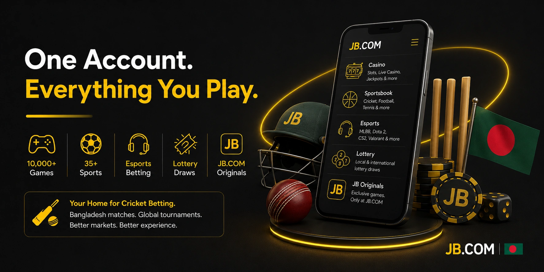 JB.COM Bangladesh account with cricket betting, esports, and lottery access